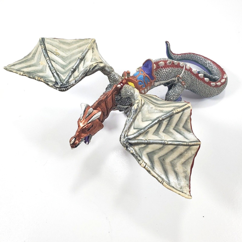 Papo Toys 2007 Dragon with Saddle Silver & Red Vinyl Plastic 9 in Long